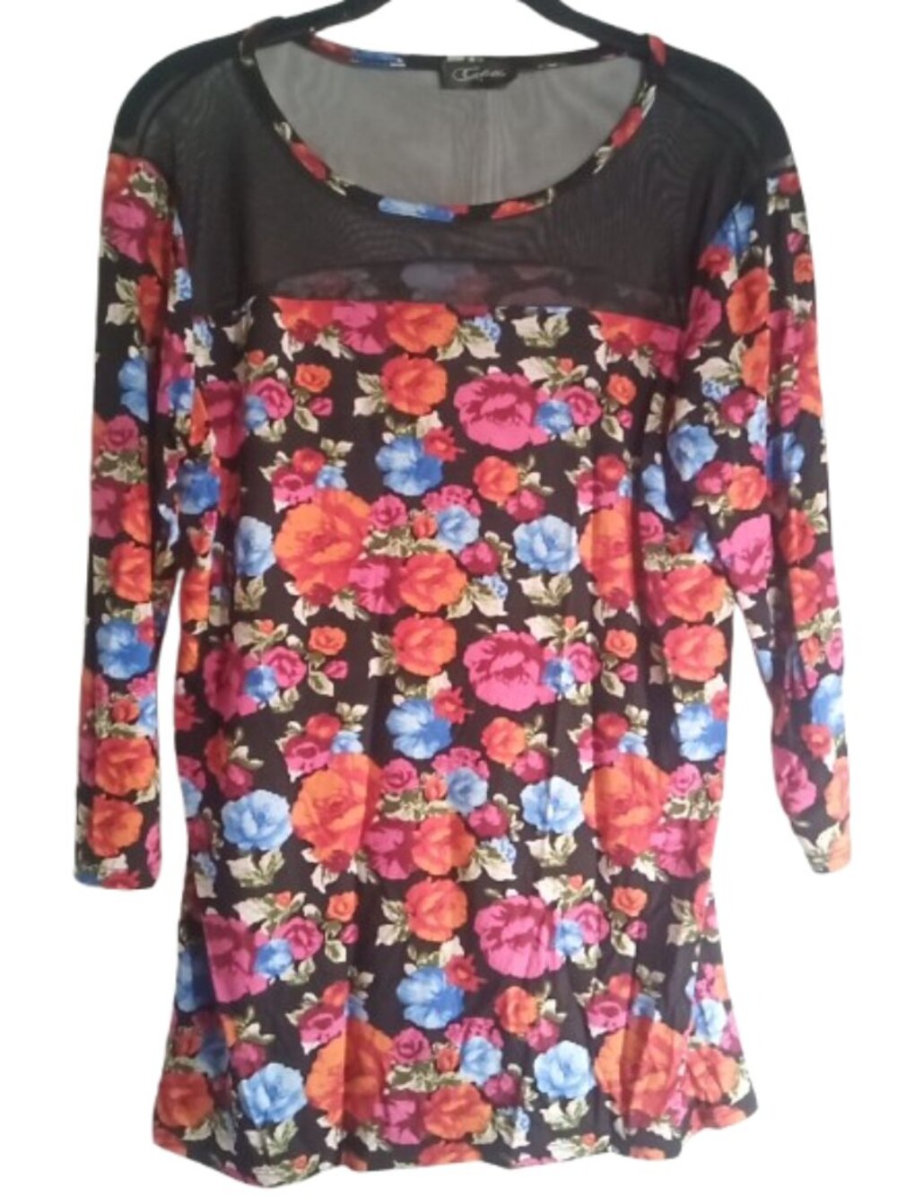 Colette Top Womens Size XL Bright Floral Mixed Colors Sheer Black Neckline USA